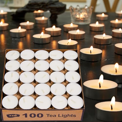 Tea Light Candles | Natural Palm Wax, 100 Pack, Smokeless & Odorless, 4.5 Hours Burn Time