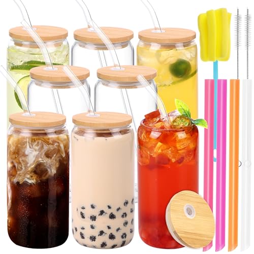 Drinking Glasses | 16 oz, 8 Pack, with Lids and Straws, Ideal for Bubble Tea and Iced Coffee