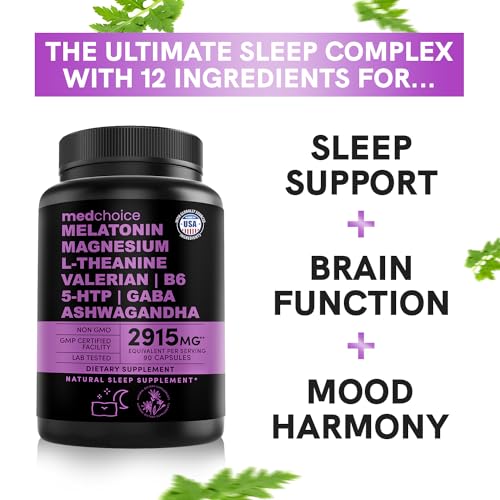 12-in-1 Melatonin Capsules - Melatonin 5mg Natural Sleep Aids for Adults - Magnesium Glycinate 500mg, Ashwagandha, L Theanine, Valerian Root, GABA, 5-HTP, Sleep Supplement for Adults, Pack of 1