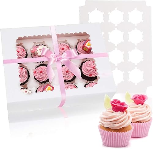 Cupcake Box | Food Safe Paper, Removable Insert, Transparent Window, 12 Count