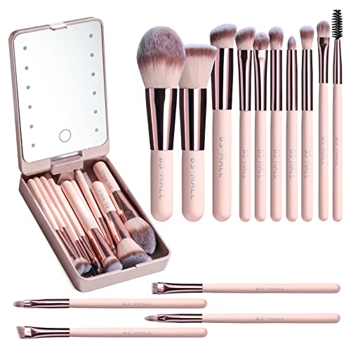 Makeup Brush Set | 14 Pcs, Travel Size, Includes LED Light Mirror