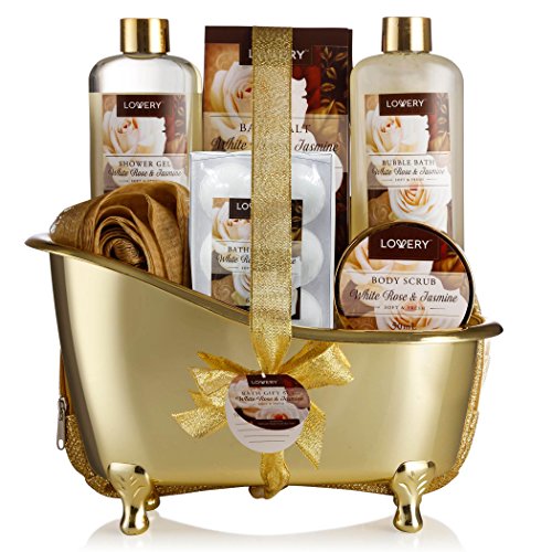 Bath and Body Set | 13 Piece Luxury Gift Basket, White Rose & Jasmine Scent