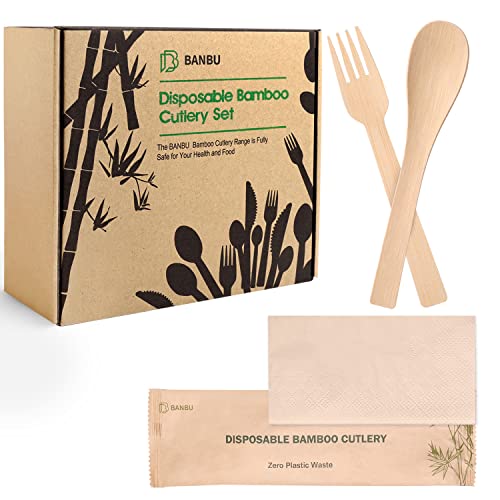 Bamboo Cutlery Set | 66 Pack, Compostable, Biodegradable, Includes Napkins