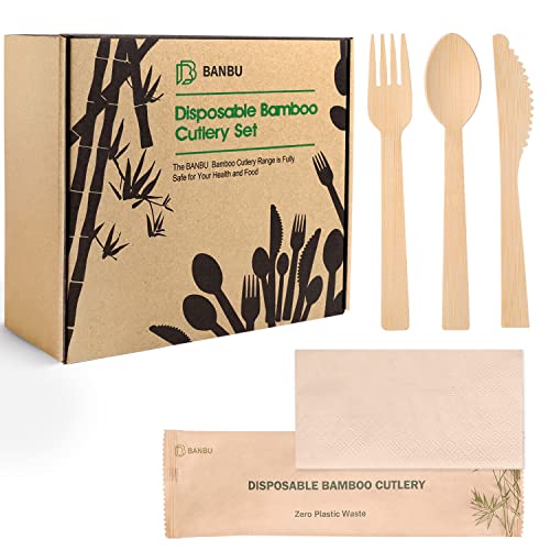 Disposable Cutlery Set | 58 Pack, Compostable Bamboo Utensils with Napkins