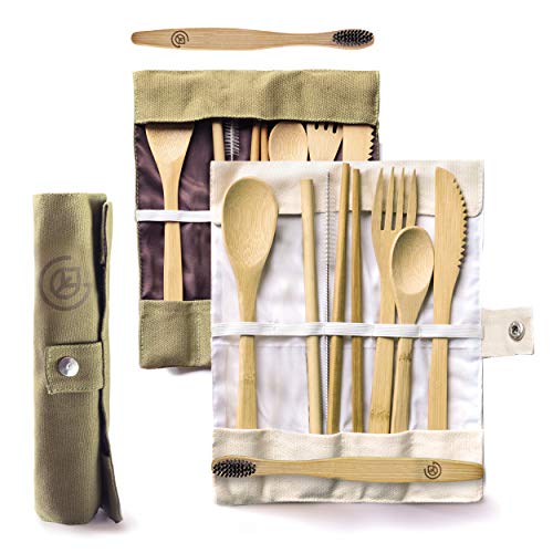 Bamboo Utensils Set | 2 Pack, Includes Bonus Toothbrushes, Straw, and Storage Bags