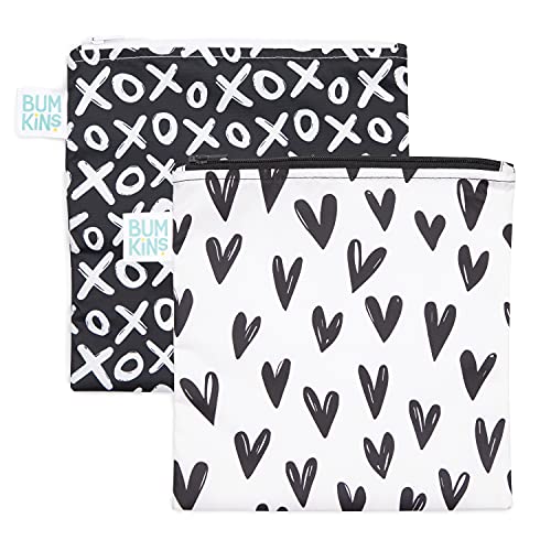 Reusable Snack Bags | Washable Fabric, Waterproof, Large 2-Pack, Hearts & XOXO