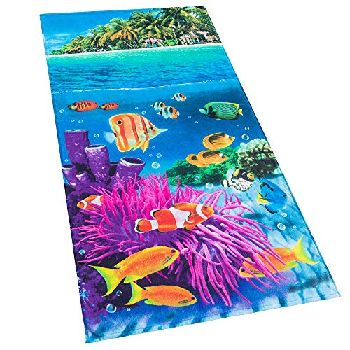 Beach Towel | 30 x 60 Inch, 100% Cotton, Tropical Coral Reef Design