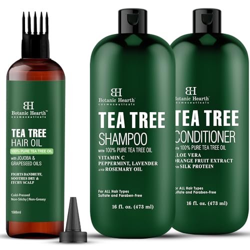 Hair Oil | 6.7 fl oz, Tea Tree Infused  
Shampoo and Conditioner Set | 16 fl oz Each, Tea Tree Formula