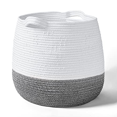 Storage Basket | Large Cotton Rope, 15"H x 14.2"D, White & Gray