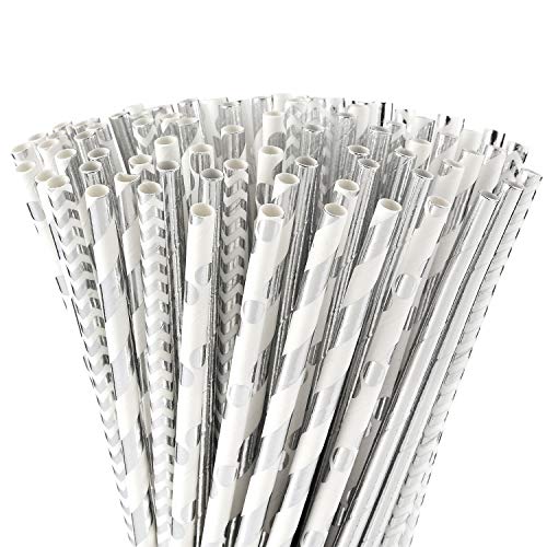 Drinking Straws | Biodegradable, Pack of 100, Metallic Foil Striped/Wave/Dots