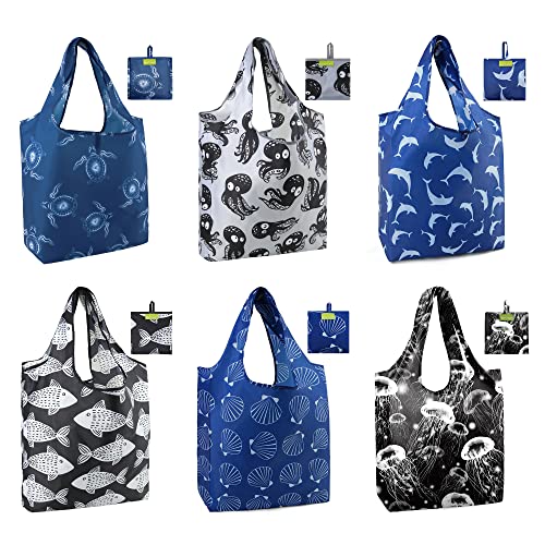 Tote Bag | Reusable, Foldable, 6 Pack, Machine Washable, Durable Nylon, 50 lbs Capacity