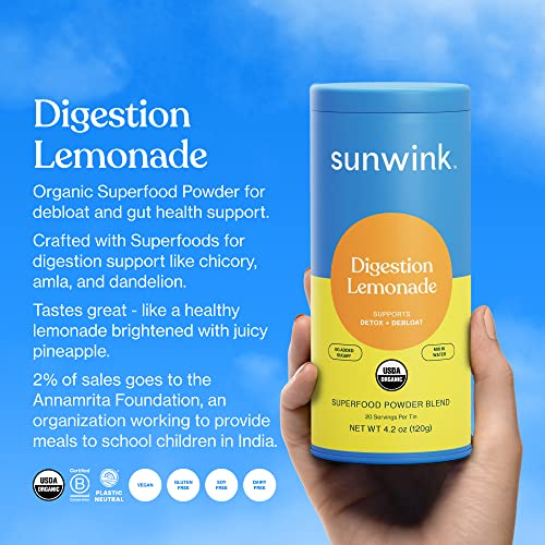 Sunwink Digestion Lemonade Superfood Powder | Lemonade Powder for Detox & Debloat | Organic Superfood Powder with Chicory Root, Amla, Dandelion | Supports Digestive & Gut Health | 4.2oz, 20 Servings