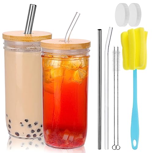 Drinking Glass Set | 2 pcs, 24 oz, with Lids and Straws, Ideal for Smoothies and Cold Beverages