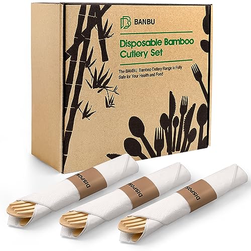 Bamboo Cutlery Set | 50 Pack, Compostable, Individually Wrapped for Travel & Events