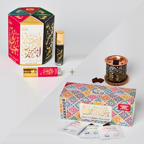 Attar Oil Set | 6 Arabic Oudh Roll-On Oils, Assorted Bakhoor Incense, Burner Included