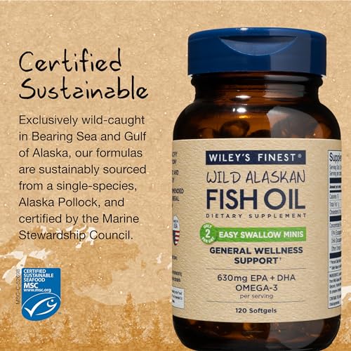 Wiley's Finest Wild Alaskan Fish Oil Easy Swallow Minis - Omega-3 Fish Oil Supplement for Adults and Kids - Double-Strength 630mg EPA and DHA Natural Supplement - 120 Mini Softgels (60 Servings)