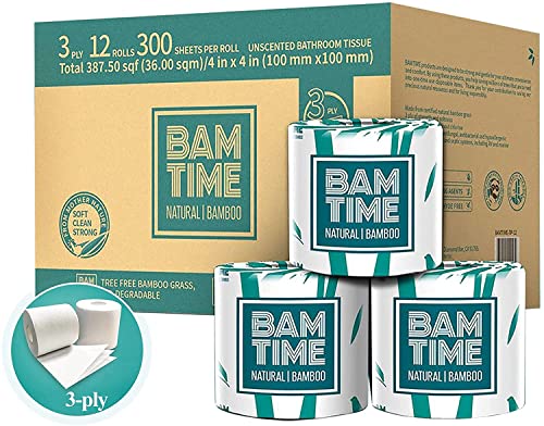 Toilet Paper | 3-Ply, 100% Bamboo, 12 Rolls, Biodegradable, Plastic Free