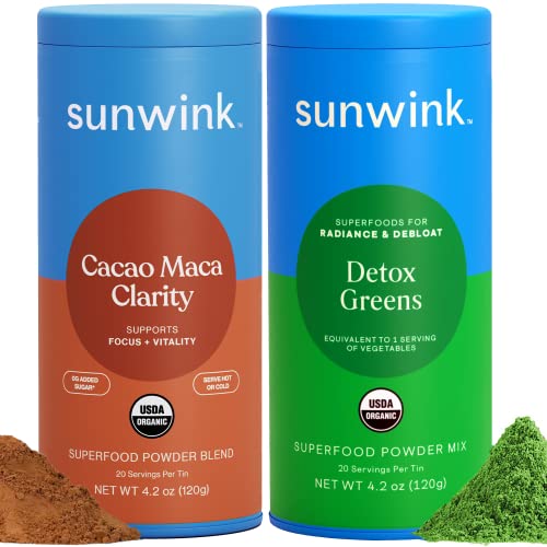 Sunwink Cacao Clarity Superfood Mushroom Powder + Detox Greens Superfood Powder Mix Bundle - Organic Superfood Powder for Mental Clarity & Daily Wellness - Pack of 2