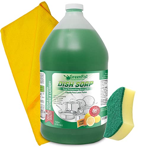 Dish Soap | Lemon Scent, 128 oz (1 Gallon), Includes Sponge & Towel