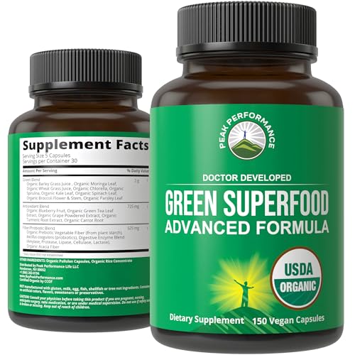 Superfood Supplement | Organic Greens, 150 Capsules, Energy & Detox Blend