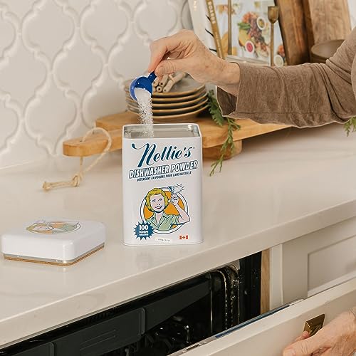 Nellie's Dishwasher Powder - Tough on Food Residue, Plant-Based Ingredients, Spotless Clean, High-Efficiency Dishwashing Solution - 100 Scoop Tin