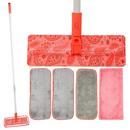 Mop with Reusable Microfiber Pads | 360° Rotating Head, Adjustable Steel Handle, Coral