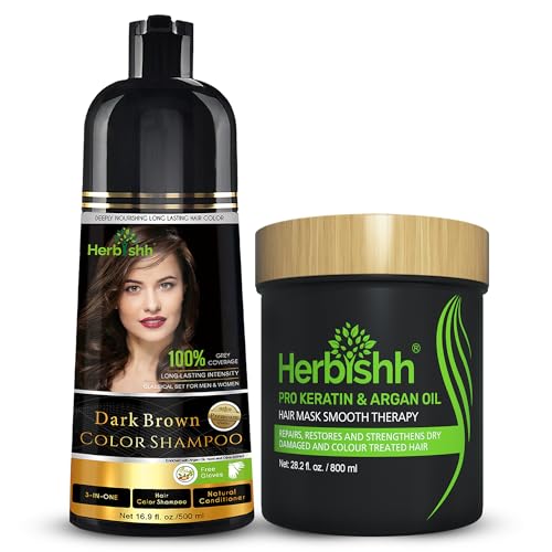 Hair Color Shampoo | 500 mL, Dark Brown, Includes Argan Hair Mask