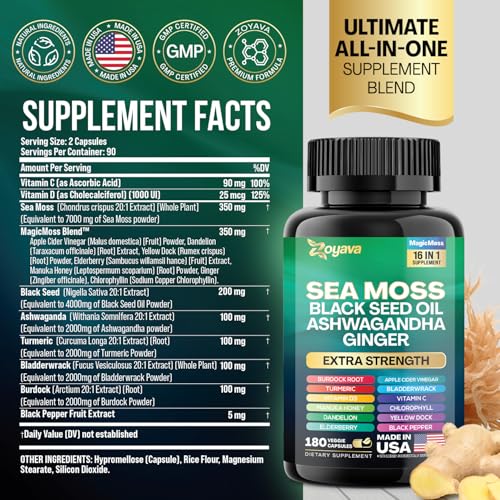 Sea Moss Supplement | 7000mg, Black Seed Oil, Turmeric, Ashwagandha, Vitamin C & D3