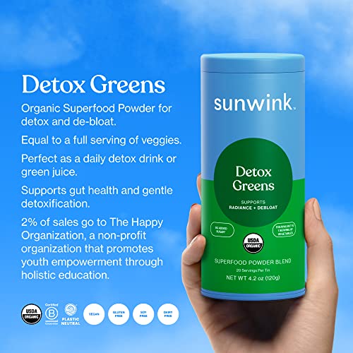 Sunwink Detox Powdered Greens - Organic Greens SuperFood Powder for Debloat - Super Greens Powder w/Celery, Dandelion, Spirulina - Daily Greens Powder for Gentle Detox - 4.2 oz (20 Servings)