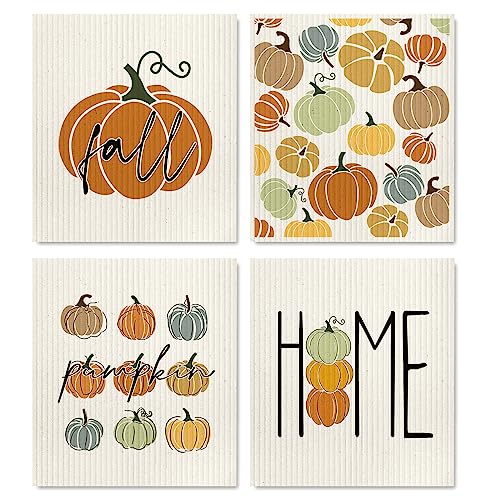 Dish Cloth | Pumpkin Design, Reusable, 4 Pack, 7 x 8 Inch