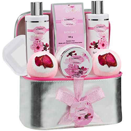 Bath and Body Gift Basket | Cherry Blossom, Includes Lotions, Bath Bombs, Travel Bag