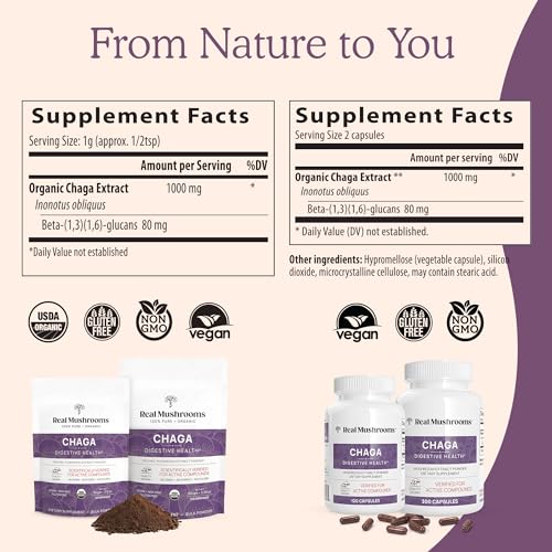 Mushroom Supplement | Organic Chaga Extract, 120 Capsules