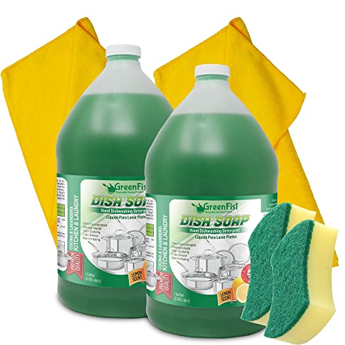 Dish Soap | Lemon Scent, 128 oz, Includes 2 Towels & 2 Sponges