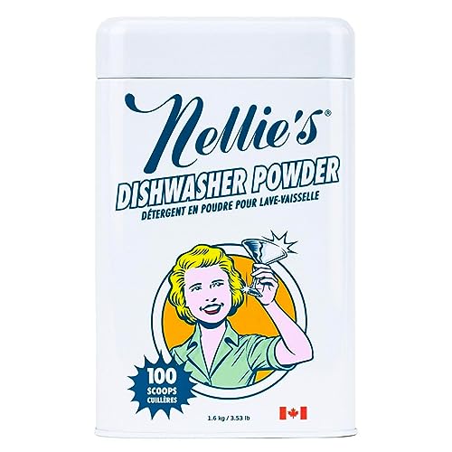 Nellie's Dishwasher Powder - Tough on Food Residue, Plant-Based Ingredients, Spotless Clean, High-Efficiency Dishwashing Solution - 100 Scoop Tin