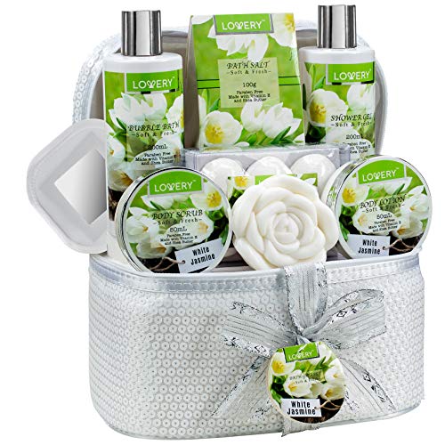 Bath and Body Gift Basket | 14 Piece Set, White Jasmine Scent, Includes Bath Bombs, Lotion, Soaps