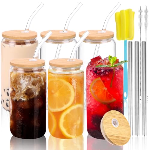 Drinking Glass Set | 6 pcs, 16 oz, with Lids and Straws, Cute Tumbler Design