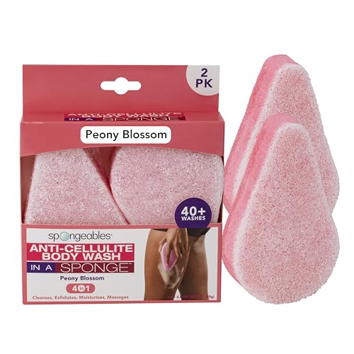 Body Wash Sponge | Anti-Cellulite, Moisturizer & Exfoliator, Peony Blossom, 20+ Washes, 2 Count