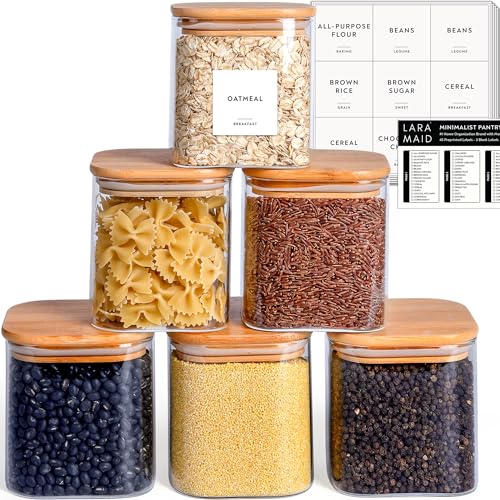 Food Storage Container | 27 oz, 6 Pack, Square Glass Jars with Bamboo Lids