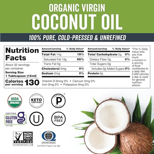 Viva Naturals Organic Coconut Oil - Unrefined, Cold-Pressed Extra Virgin Coconut Oil, USDA Organic and Non-GMO Cooking Oil, Great as Hair Oil and Skin Oil, 16 fl oz