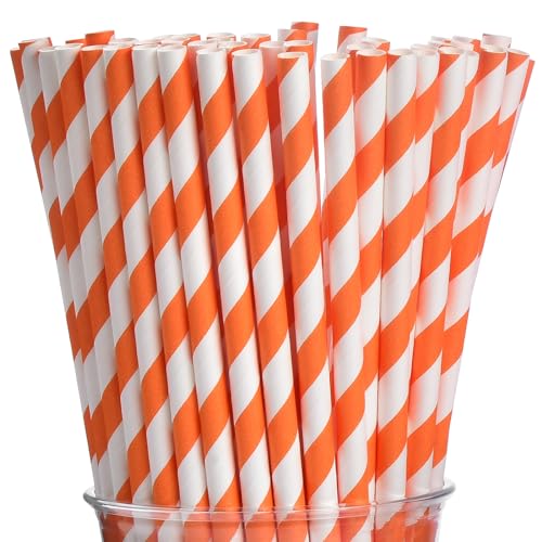 Paper Straws | Biodegradable, 100 Count, Orange and White Striped