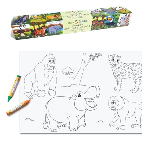 Eco-Kids 10’ Coloring Scroll (Jungle Edition) – Backed w/Reusable Temporary Adhesive, Stick & Peel on Table, Wall, or Floor - Drawing Paper Roll, Perforated Every 20 Inches - for Kids, Teens, Adults