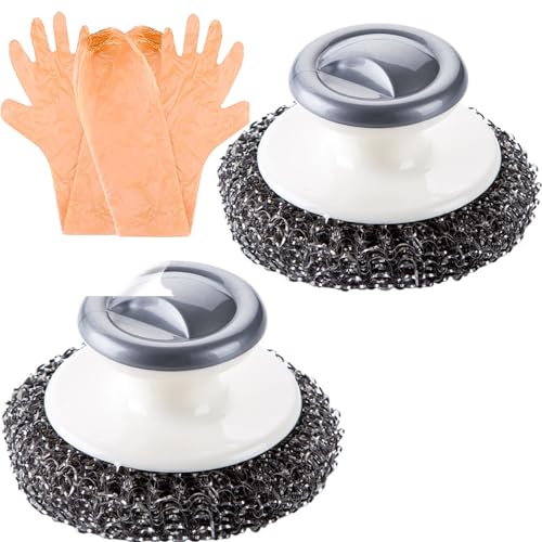 Steel Wool Scrubber | Stainless Steel, 2 Pack with Handle and Long Gloves