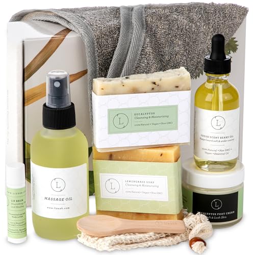 Bath & Body Gift Set | Eucalyptus Scent, 8 Pieces, Includes Massage Oil, Beard Oil, Soaps