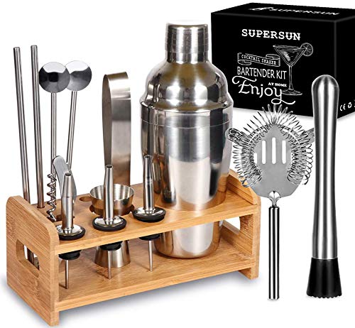 Cocktail Shaker Set | 15 Piece Bartender Kit, Stainless Steel, Includes Strainer, Jigger