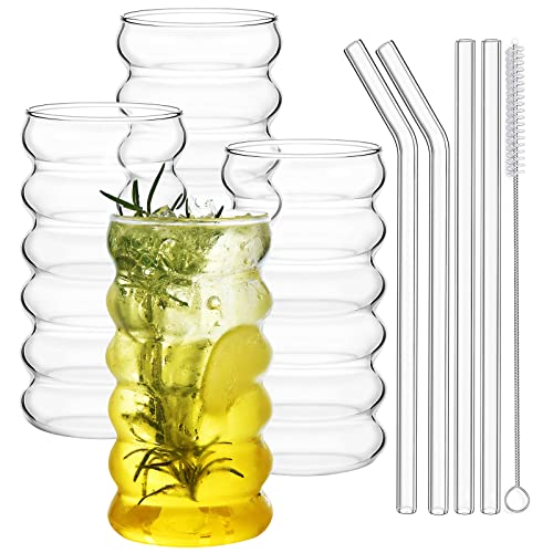 Drinking Glass Set | 16 oz, Wave Design, Includes 4 Straws