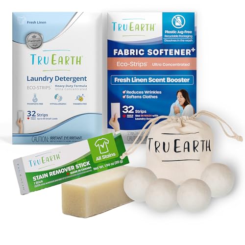 Tru Earth Platinum Laundry Essentials Bundle - Laundry Detergent Bundles Set with Fabric Softener, Laundry Sheets, Stain Remover Stick and Dryer Balls - Fresh Linen