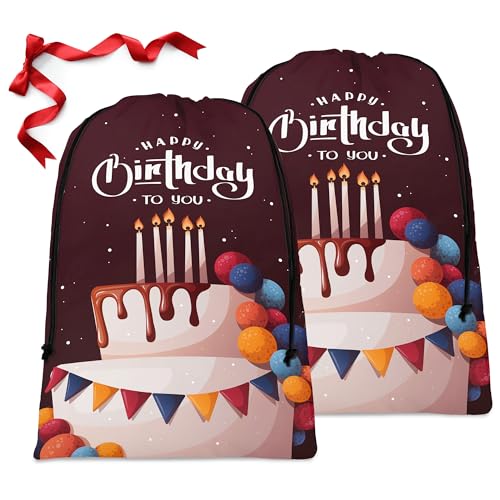 Gift Bags | Large Drawstring, 2 Pack, 27.6"x42", Happy Birthday Design