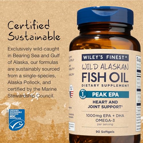 Wiley's Finest Wild Alaskan Fish Oil Peak EPA - Triple Strength Peak EPA and DHA - 1000mg Omega-3s, SQF-Certified - 90 Softgels (90 Servings)