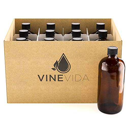 Glass Bottles | 12 Pack, 16 oz Amber Boston, Refillable, Poly Cap