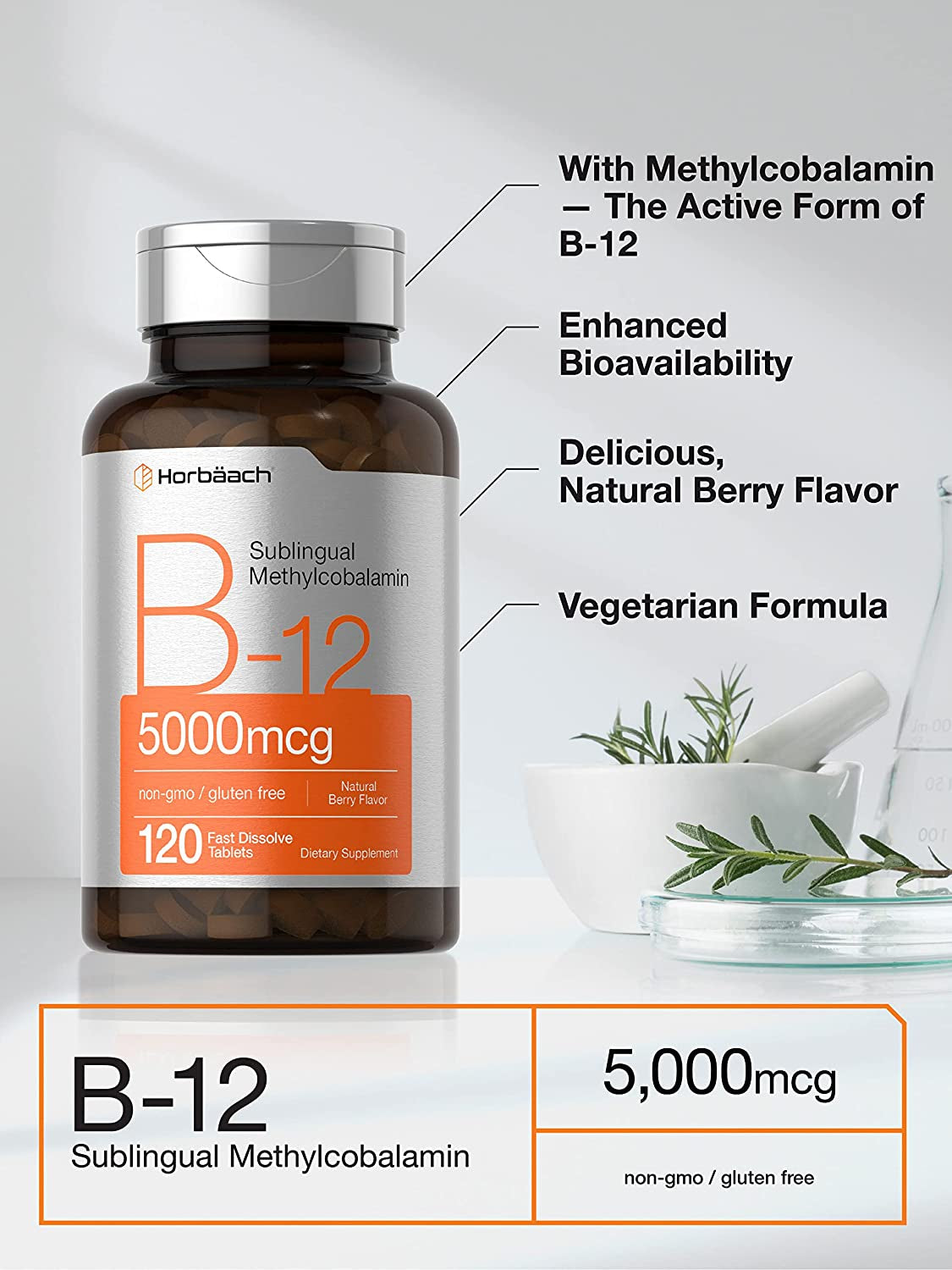 B12 Sublingual Methylcobalamin | 5000Mcg | 120 Fast Dissolve Tablets | Vegetarian, Non-Gmo and Gluten Free Supplement